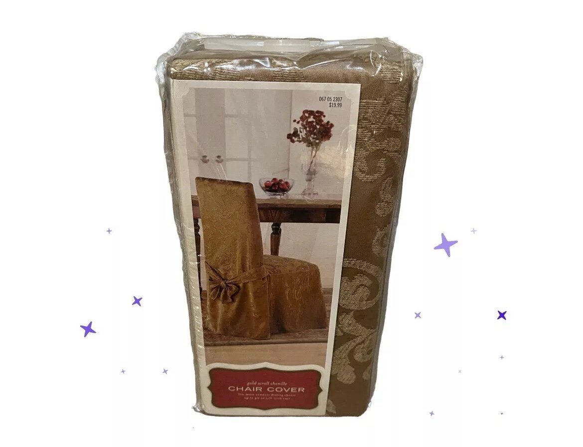 Vintage NEW Gold Scroll Chenille Armless Dining Room Chair Cover~Gold Up To 42”