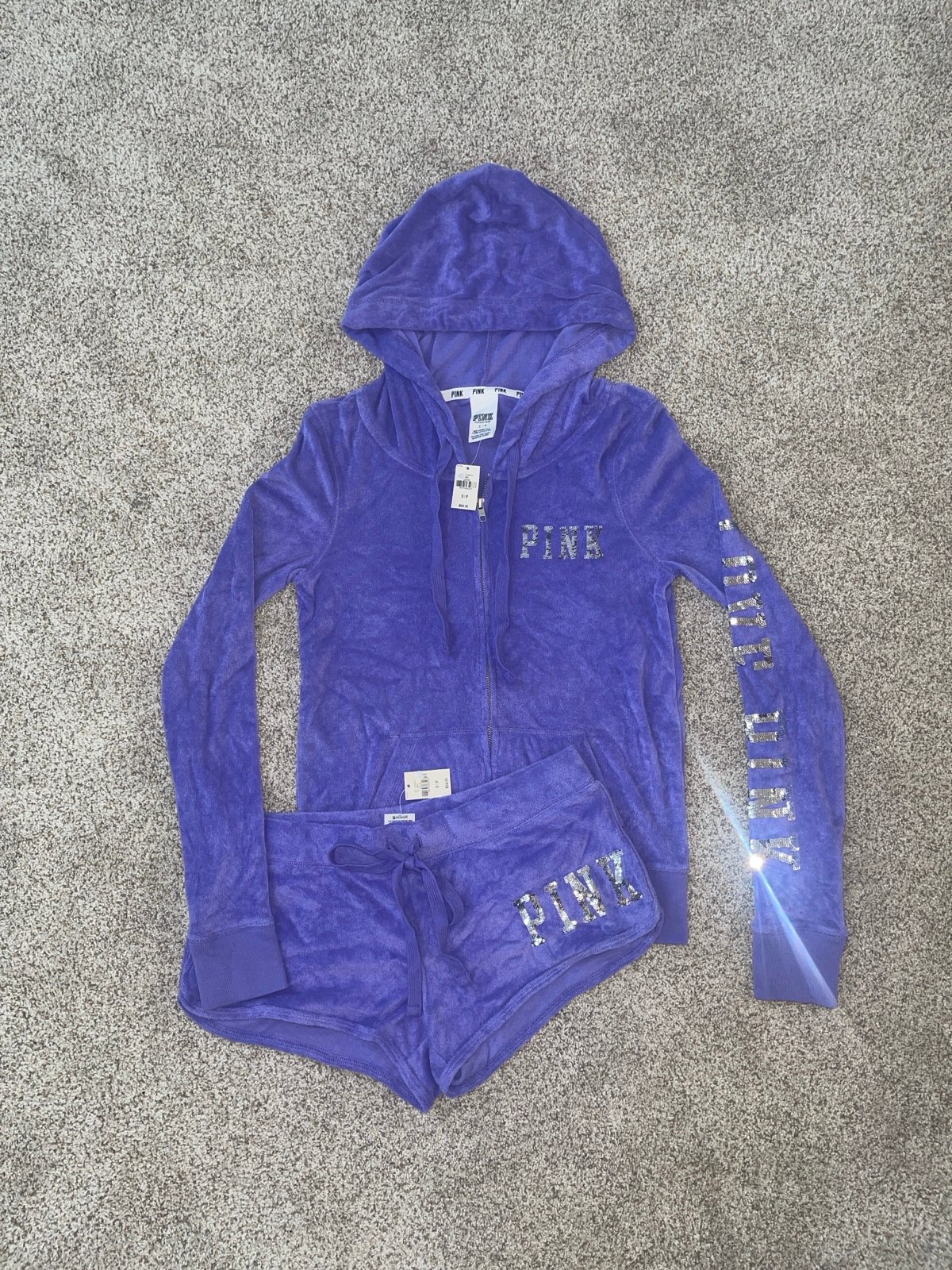 NWT Victoria’s Secret 2pc PINK Purple Lavender Sequined Hoodie Shorts Small RARE
