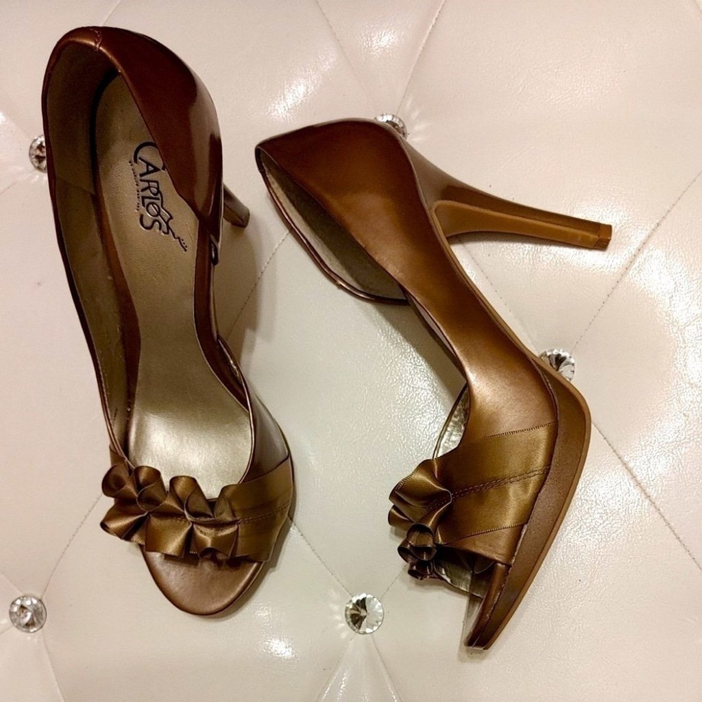 carlos By Carlos Santana metallic Copper Leather Ruffle Peep Toe Heels