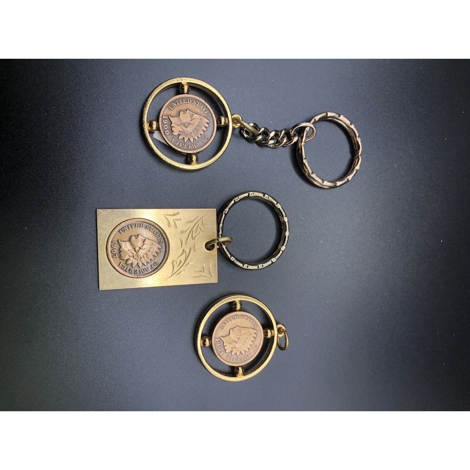 Lot Of 3 Indian Head Penny Coin In Vintage Gold-tone Keychain Antique Coin