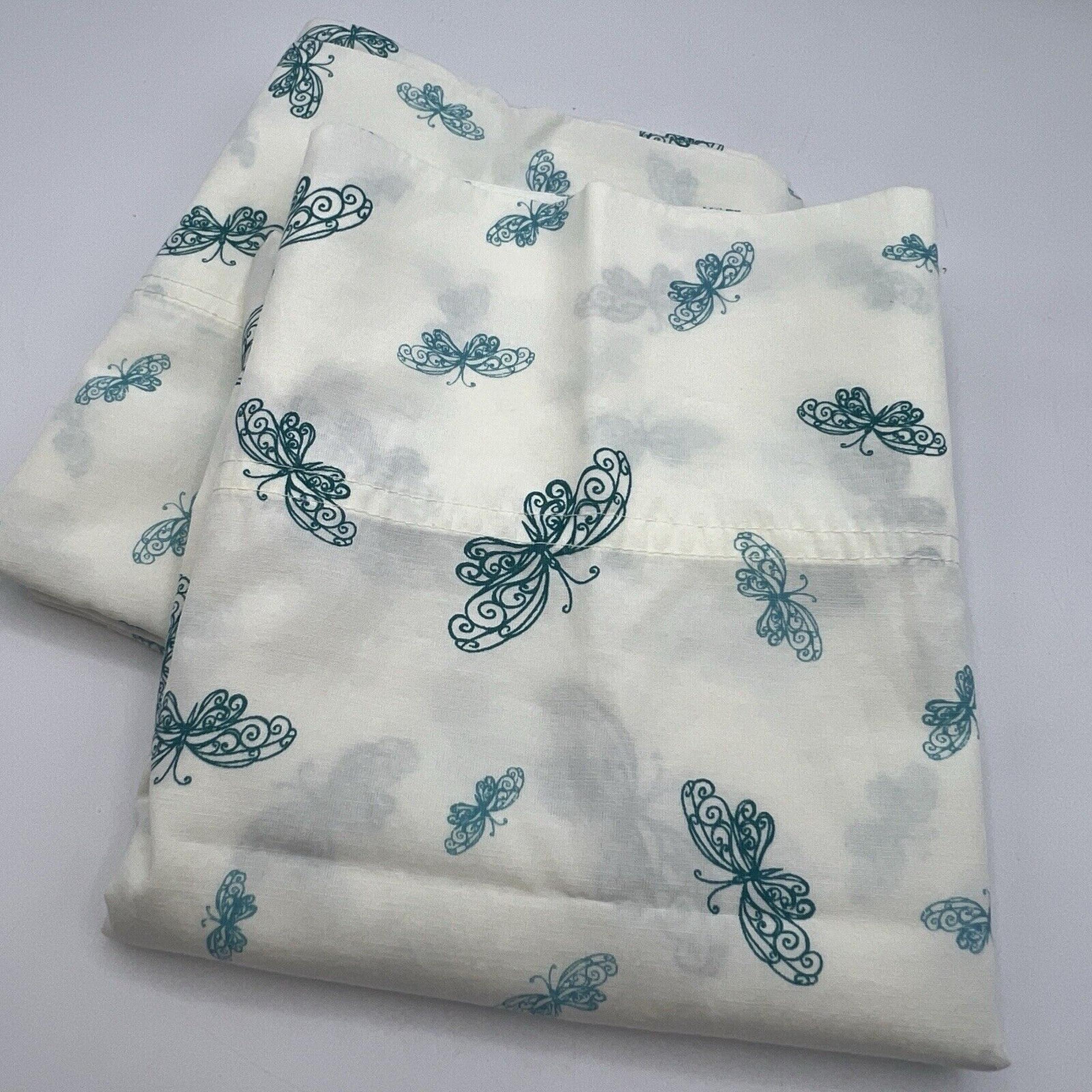 2 Vintage Percale Teal Green White Butterfly Standard Pillowcase Retro