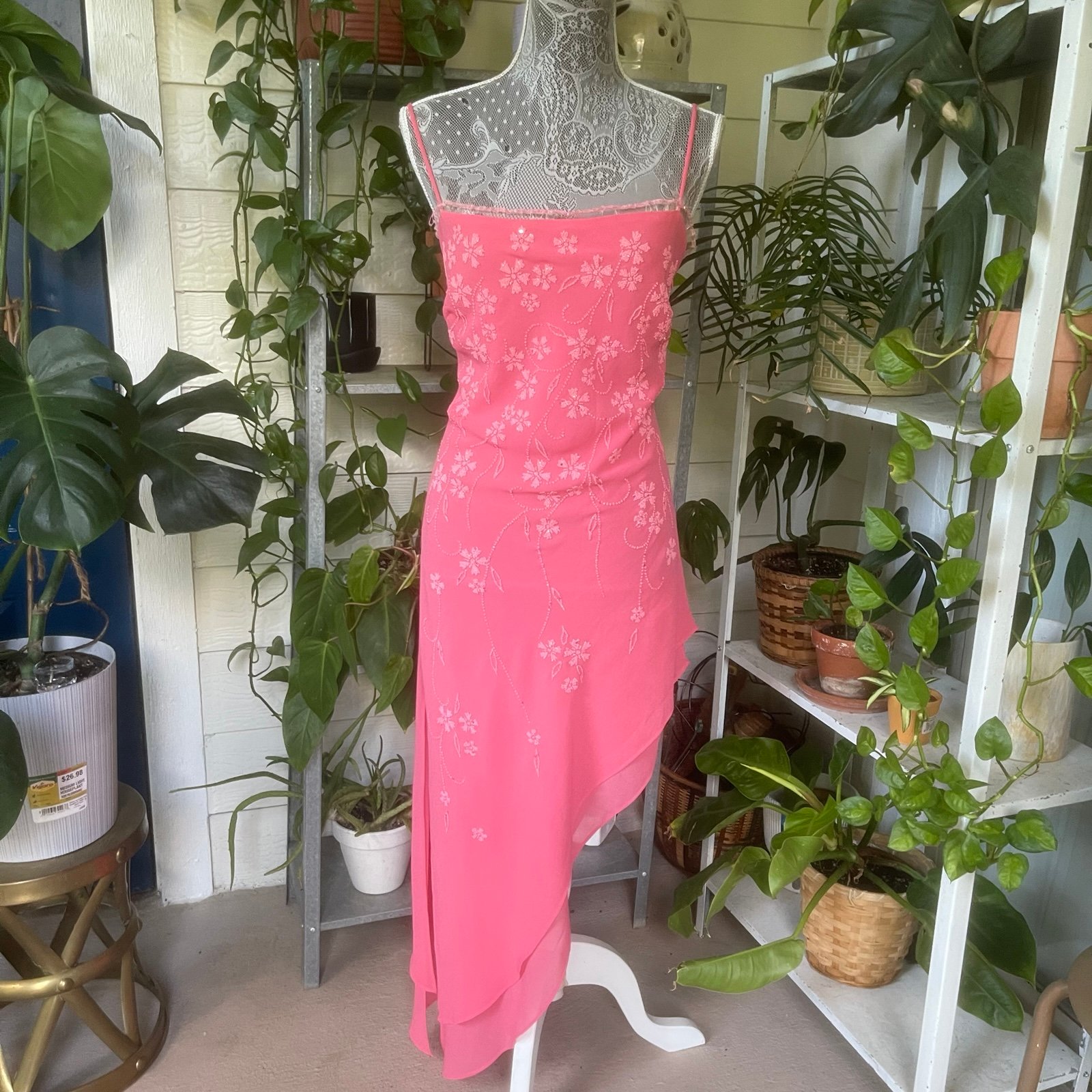 Y2K Vintage Bubblegum Pink Sequin Asymmetrical Hem Midi Dress