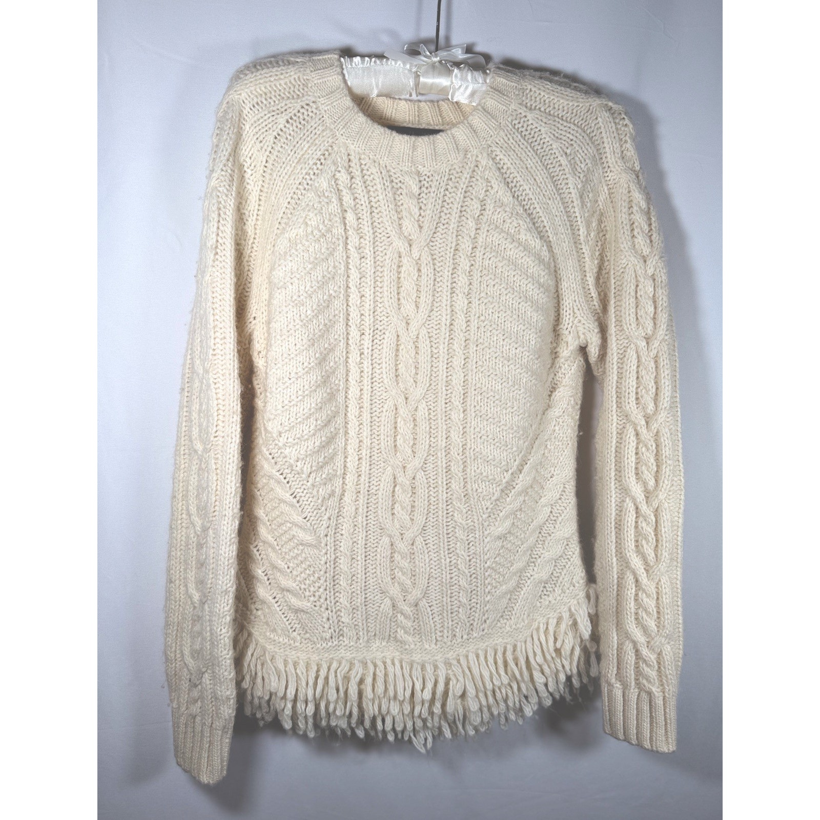 Banana Republic Cream Fringe Hem Cable Knit Sweater Merino Wool Blend Size M