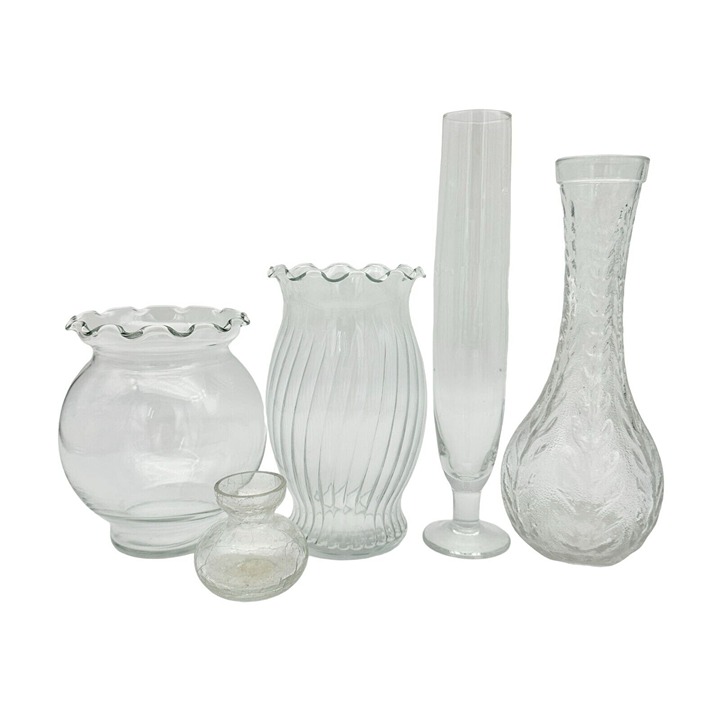 Set of 5 Vases Clear Glass Miscellaneous Shapes and Sizes #4867-SHG