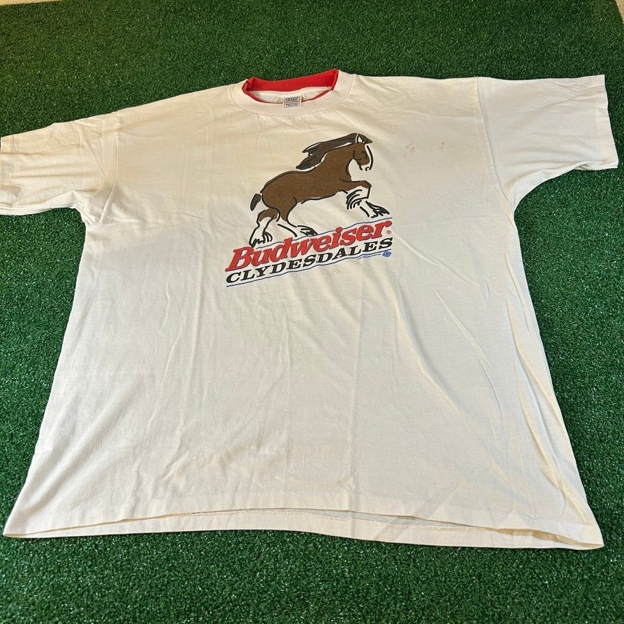 Vintage Budweiser Clydesdales Graphic Tee 90s Beer T-Shirt White Mens 2XL XXL