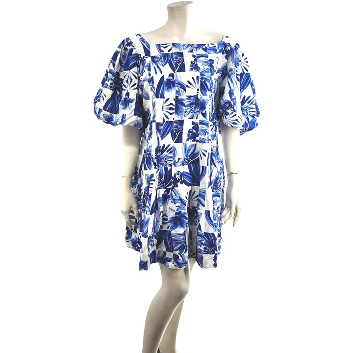 FARM RIO Blue Garden Tiles Print Linen Shirt Dress XL Floral Print Bubble Mini