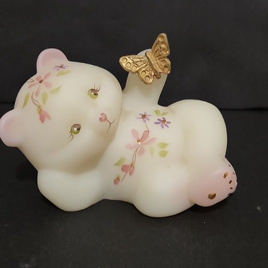 Fenton Art Glass Satin Bear with Butterfly Signed Hand Painted Flowers