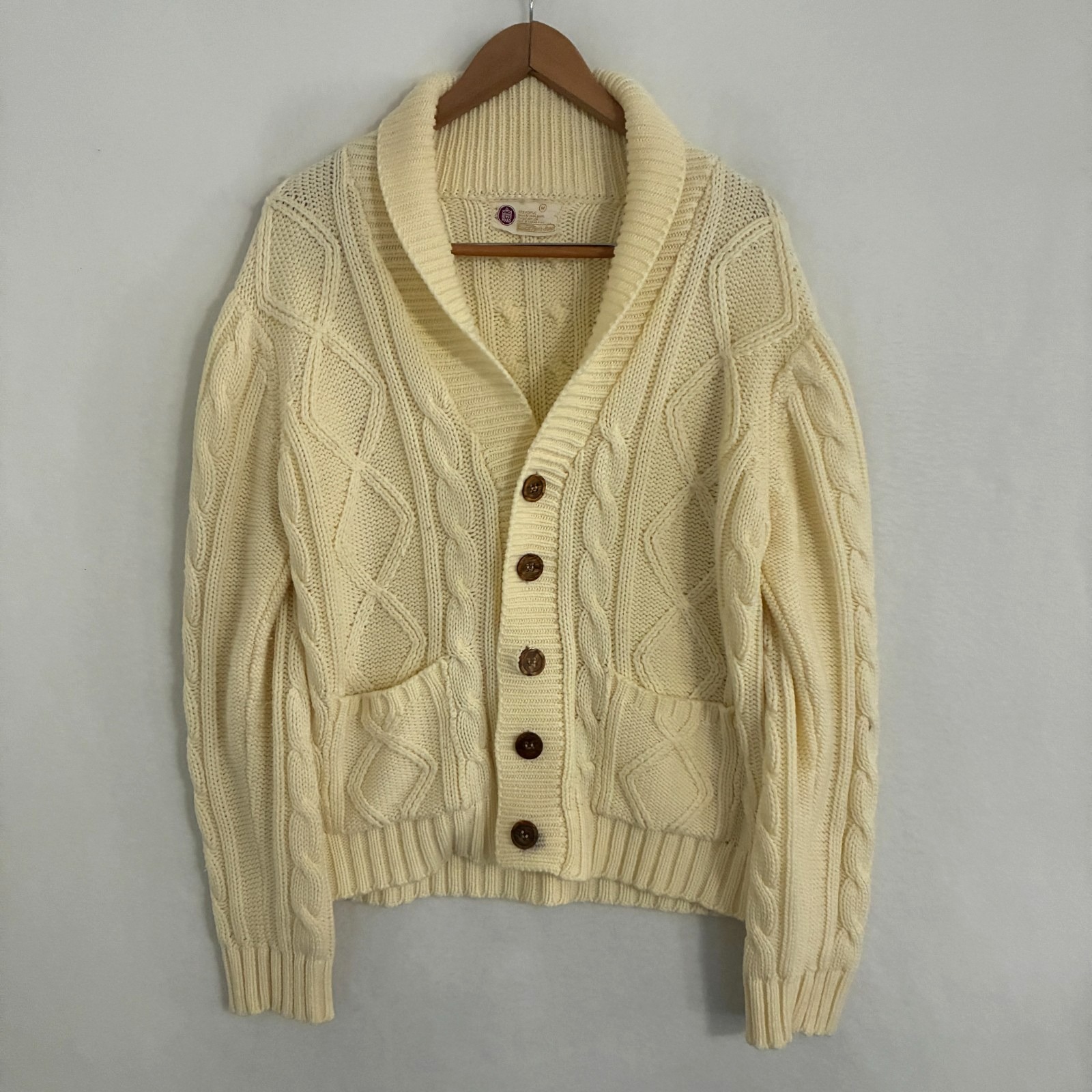 Vtg Kings Road Fishermen Cardigan Sweater Mens M Shawl Collar Cable Knit Grandpa