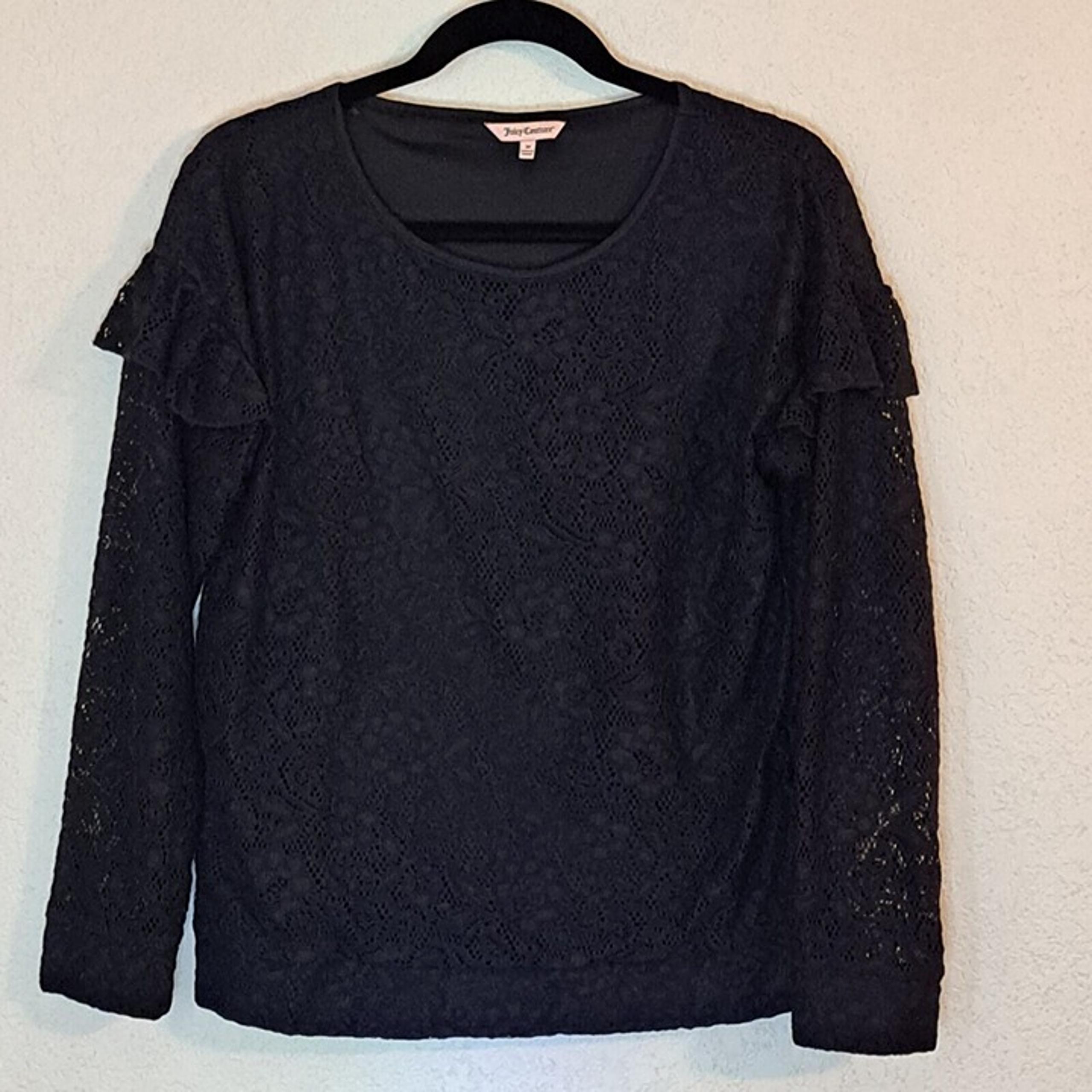 Juicy Couture Lace Overlay Top Women's Medium Shirt Black Ruffle Shoulder Trim
