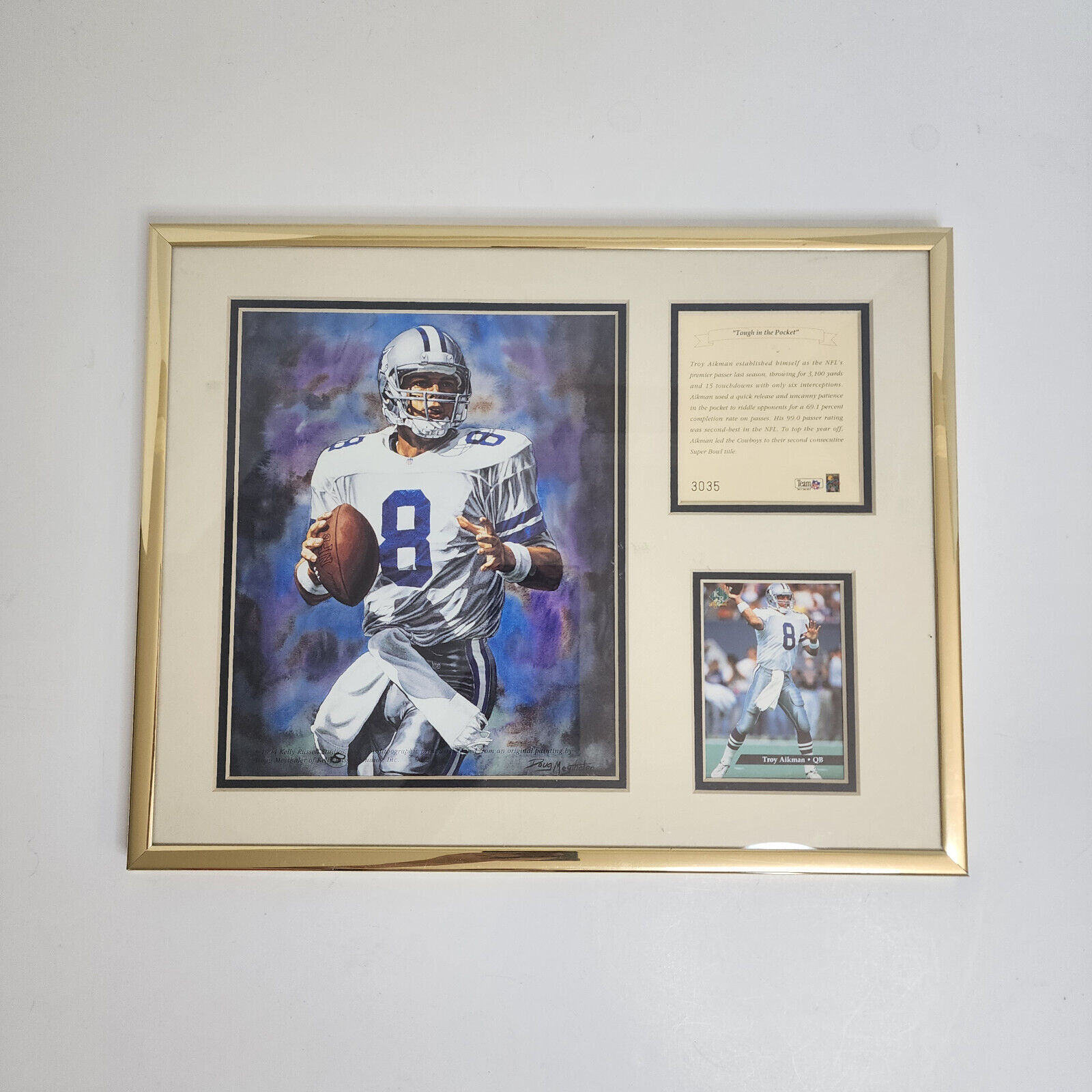 1994 Troy Aikman Lithograph, by Doug Meythaler, and football card - RARE