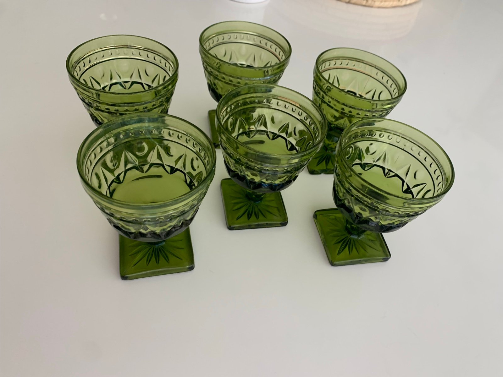 vintage MCM Indiana Glass avocado green goblet wine cocktail glasses, set of 6