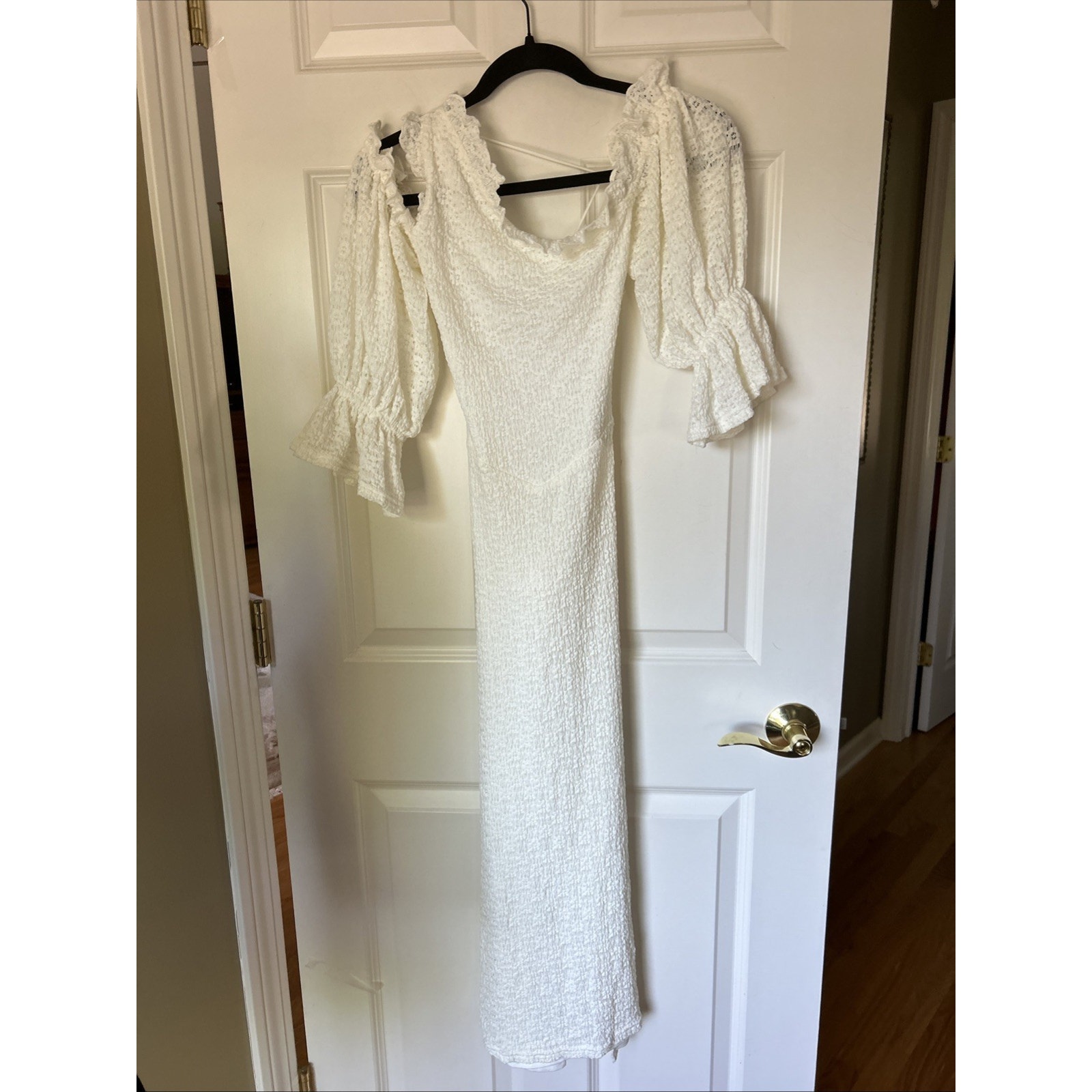 New Sabo Barbot Cream textured knit lace Maxi Dress lace up back 3/4 slv sz S
