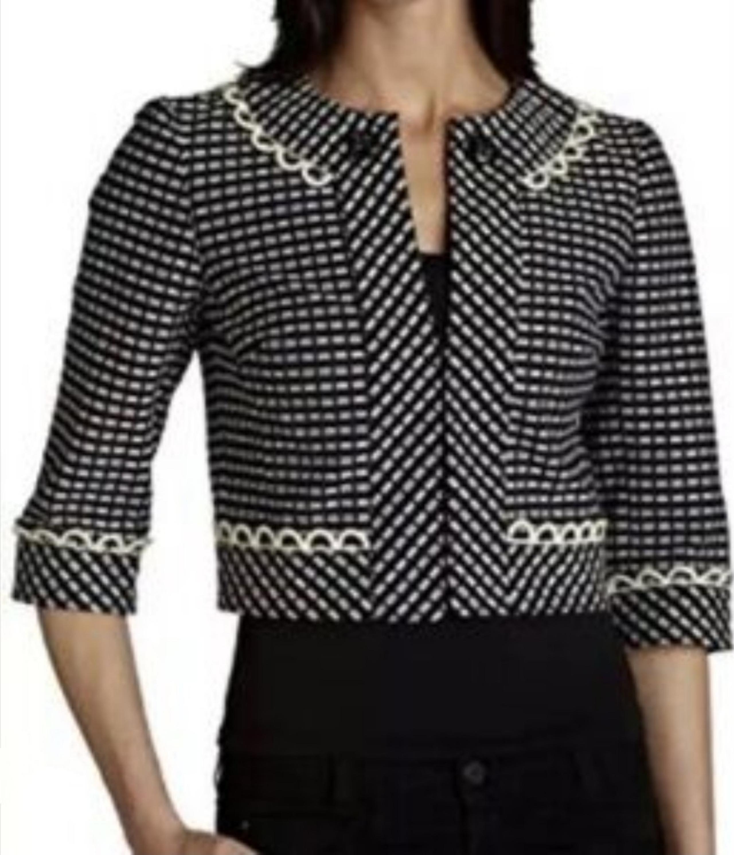 Trina Turk crop blue and white cotton scalloped button blazer jacket 4