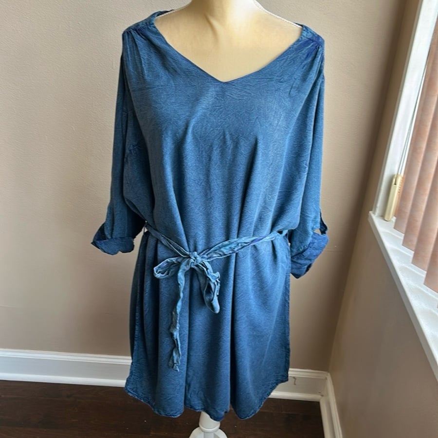 New Womens Plus Sz 2X Stone Washed Dress Filled Cuff Sleeve Cotton Blue