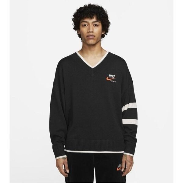 Nike Sweater Mens M Sportswear V-Neck Black Knit Retro Y2K Streetwear Jumper Med