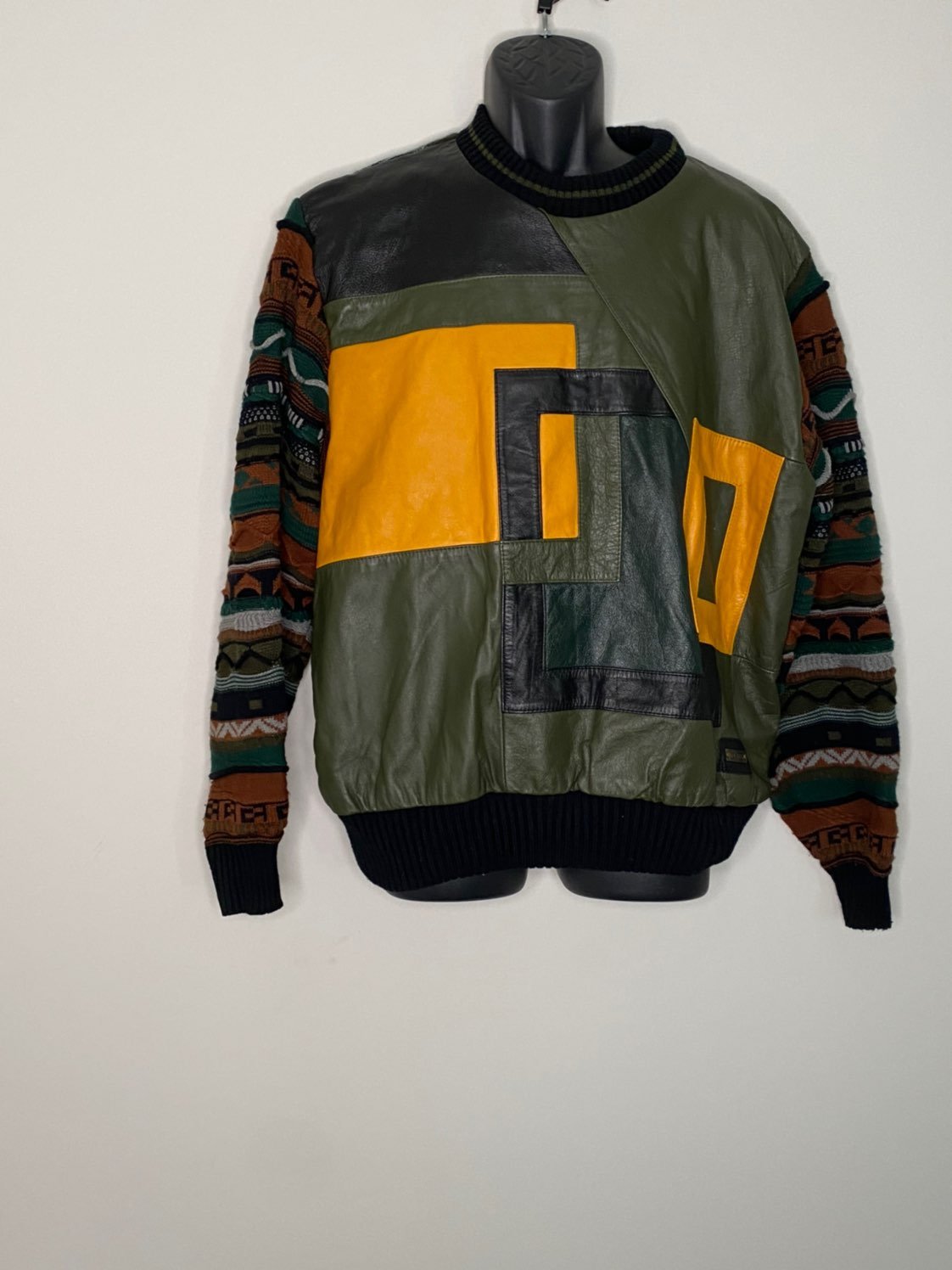 Trutus leather front Coogi style sweater