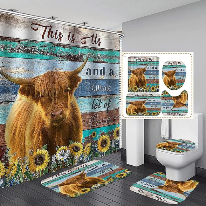 4Pcs Highland Cow Bull Shower Curtain Sets Farmhouse Flower Bathroom Set Decor