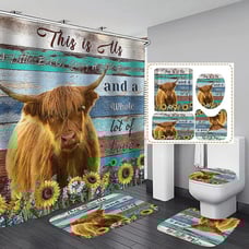 4Pcs Highland Cow Bull Shower Curtain Sets Farmhouse Flower Bathroom Set Decor