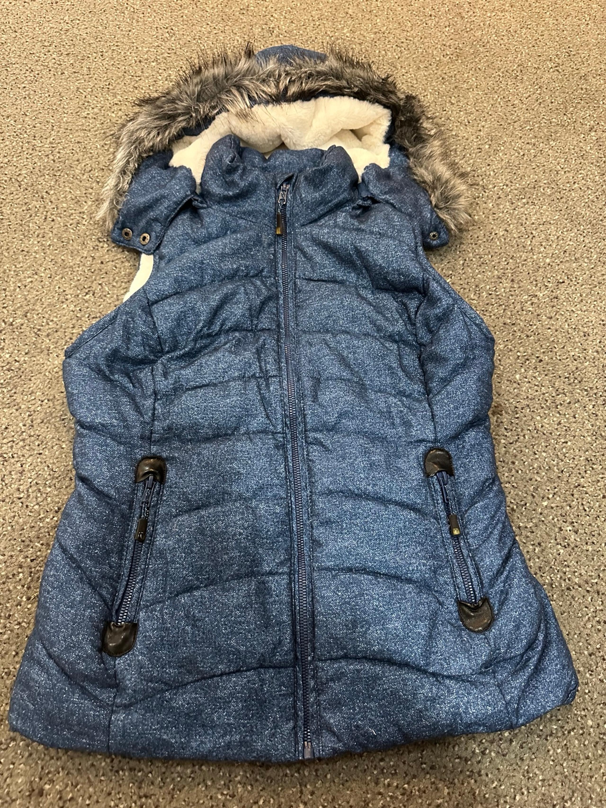 Green Tea womens puffer vest in blue fur lined