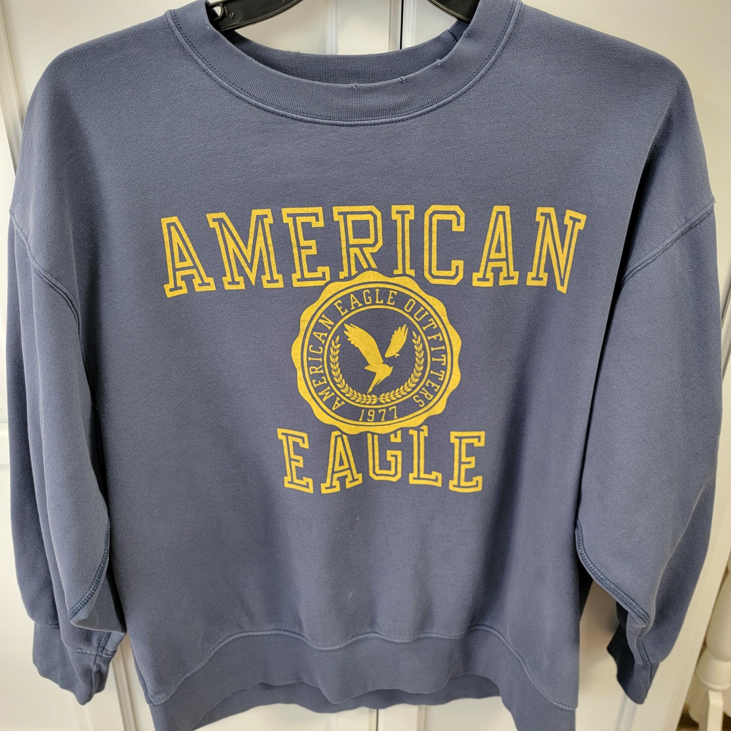 American Eagle Sweatshirt Blue Crew Neck Pullover Distressed Unisex Mens Large