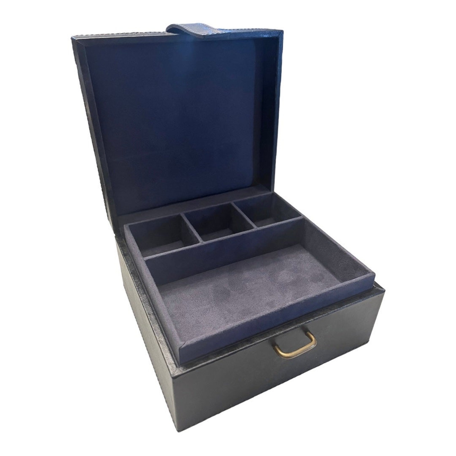 PB Black LEATHER JEWELRY BOX + TRAY Mens Ladies 8” Square Dresser Organizer