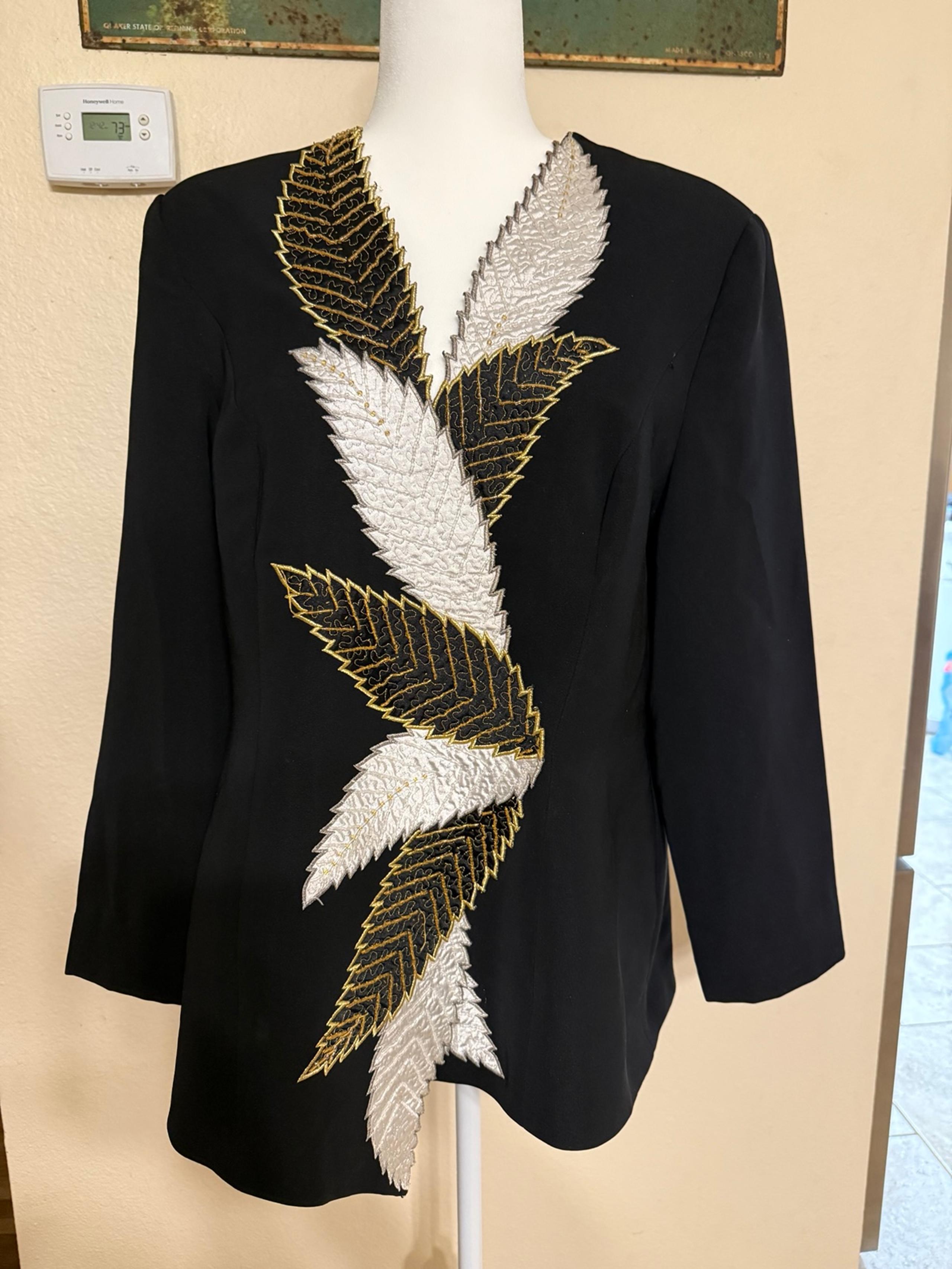 Vintage Black Evening Blazer Leaf Appliqué Beaded Jacket Gold Silver 80s Glam 16