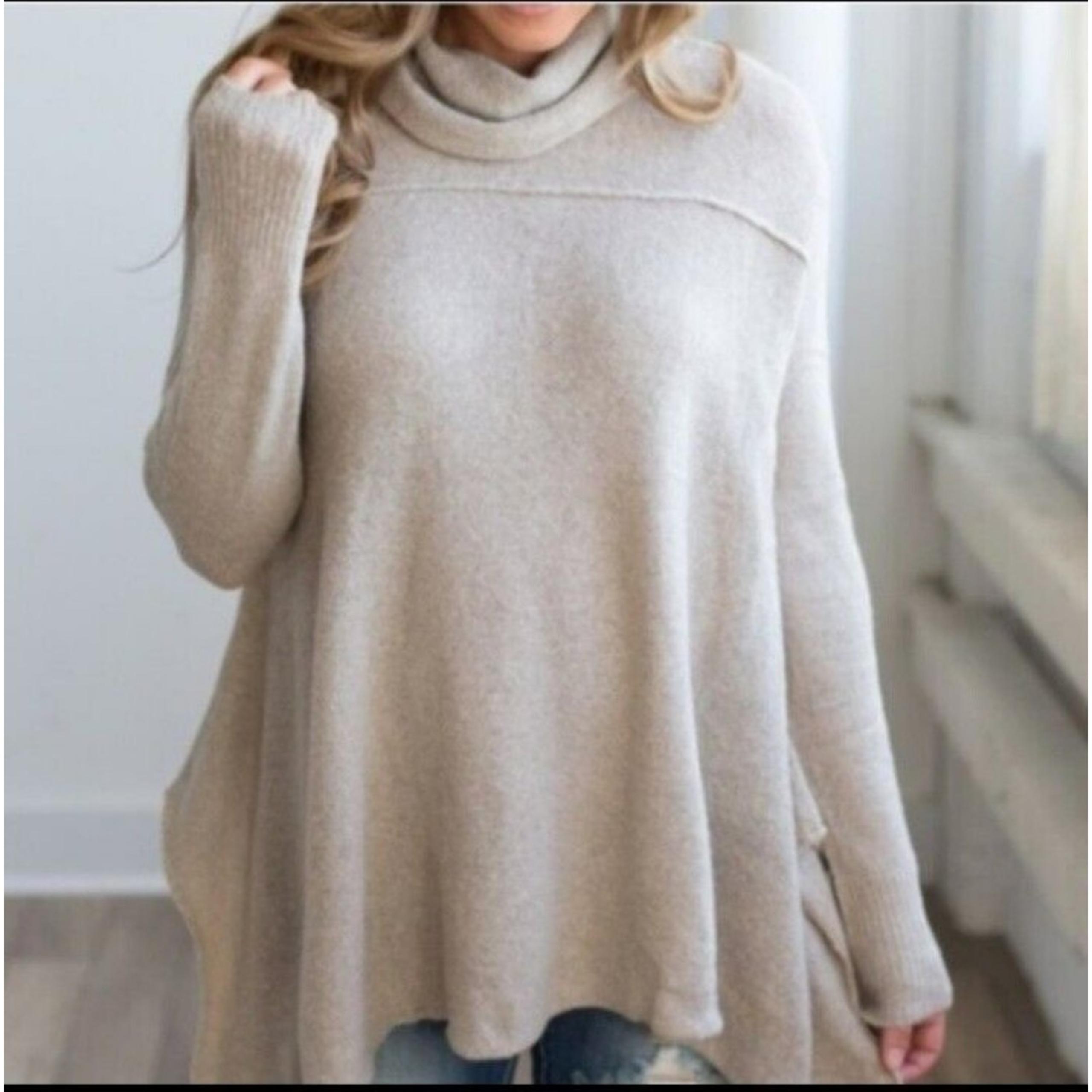 Umgee Beige Brown Cowl Neck Sweater Womens Sz S Asymmetrical Hem Knit Top