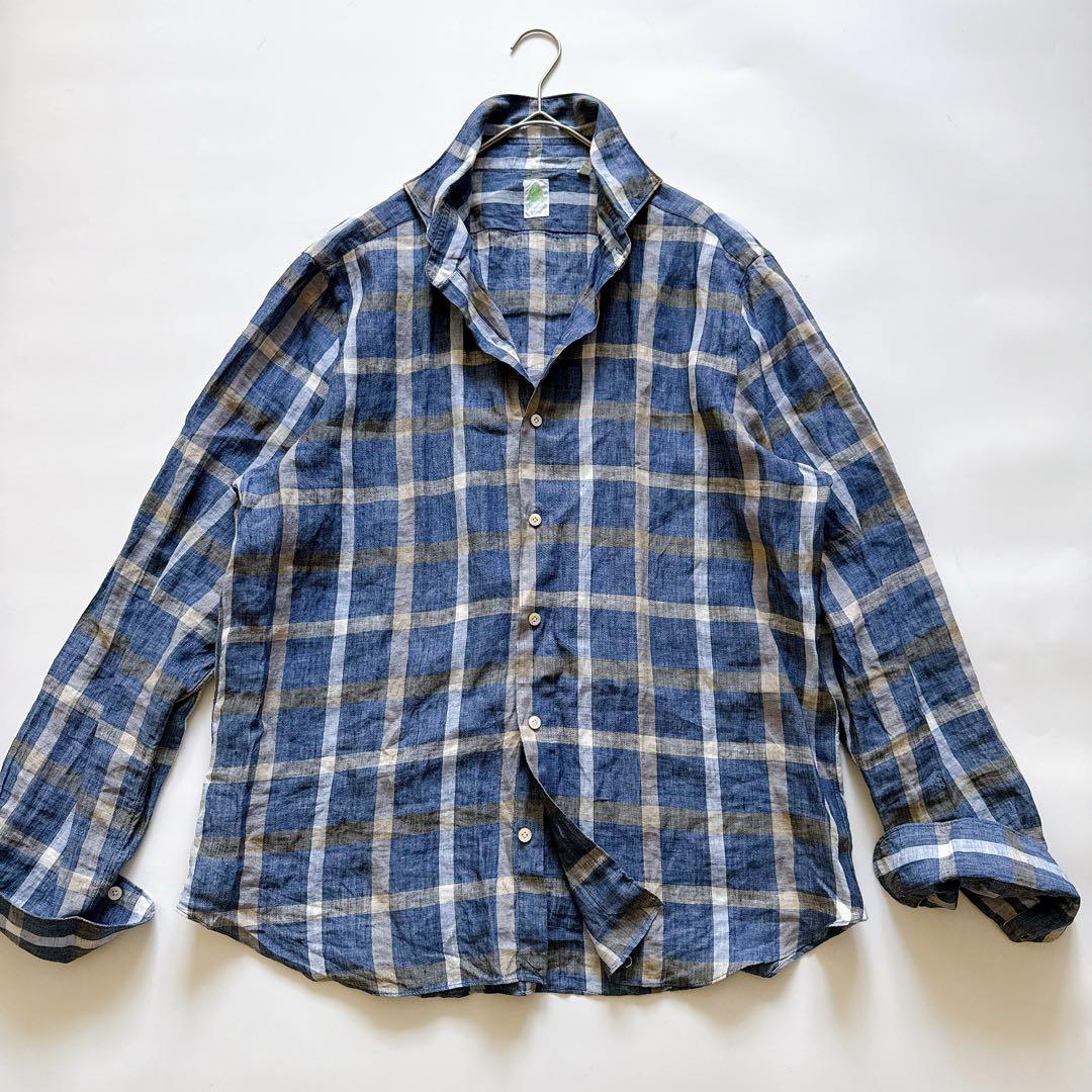 Finamore Linen 100% Blue Check Shirt, Italian Collar, 18/45, XL