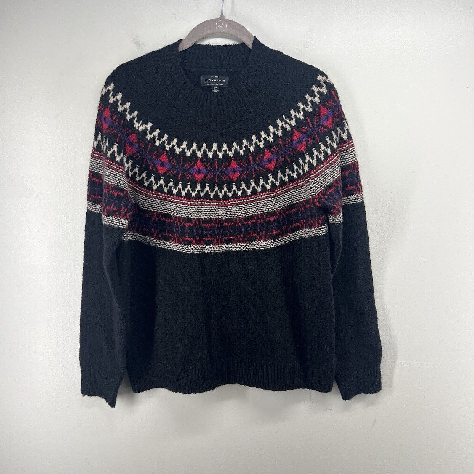 Lucky Brand Sweater Womens Small Black Fair Isle Mock Neck Long Sleeve Pullover