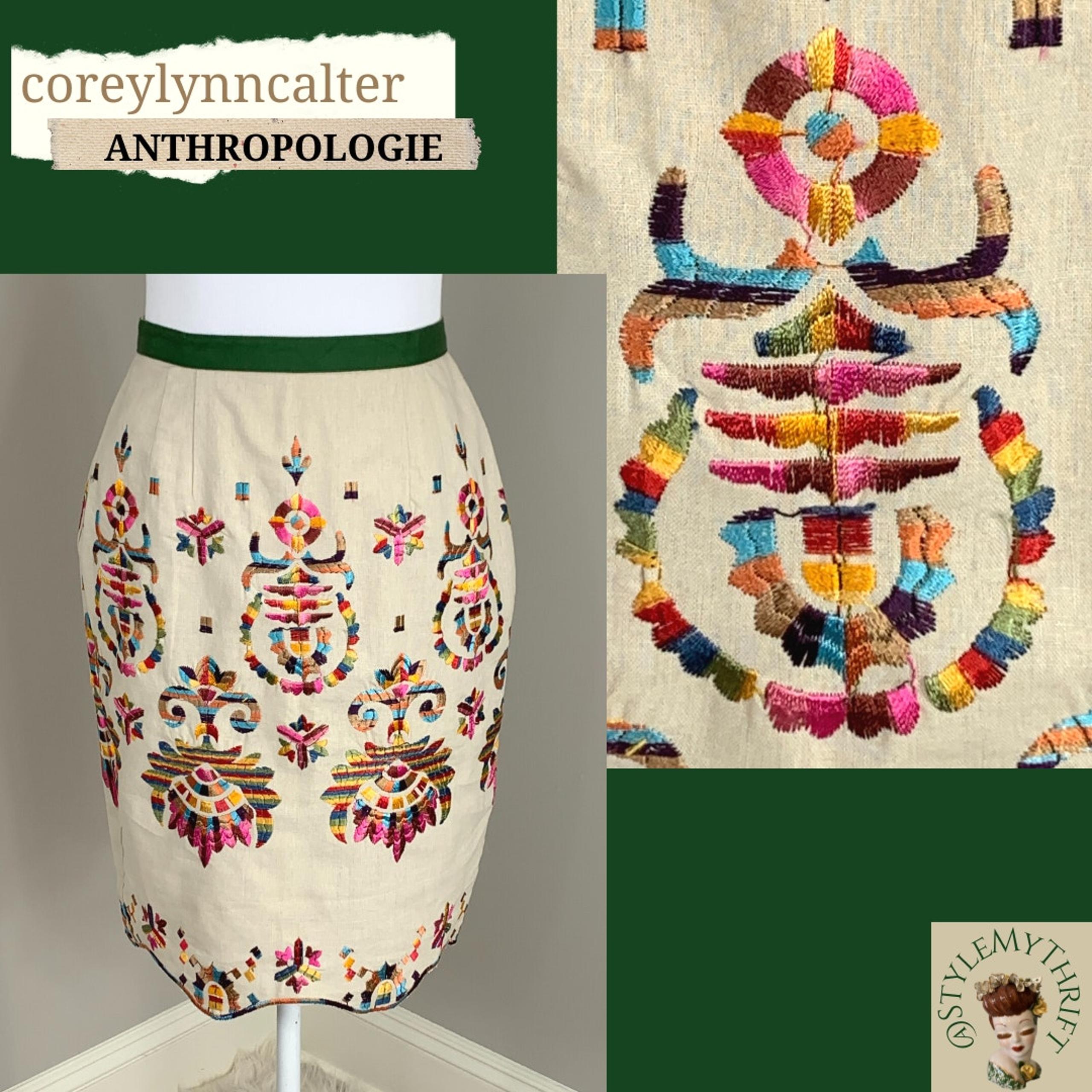 Anthropologie Embroidery Linen Summer Skirt Coastal Resort Career Church Office