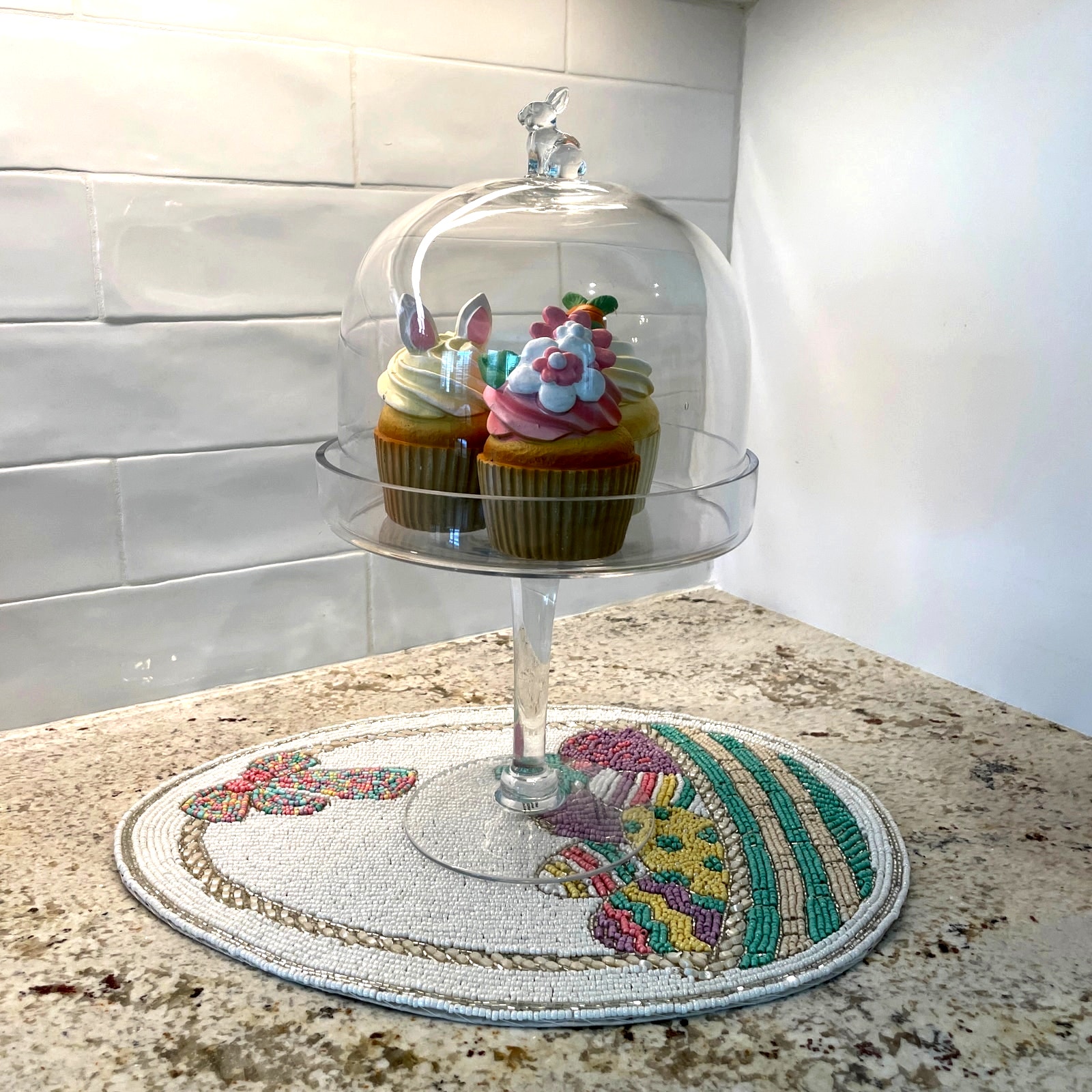 Bunny Boulevard Glass Cloche 14in Bunny Cake Dome Pedestal Easter Decor New