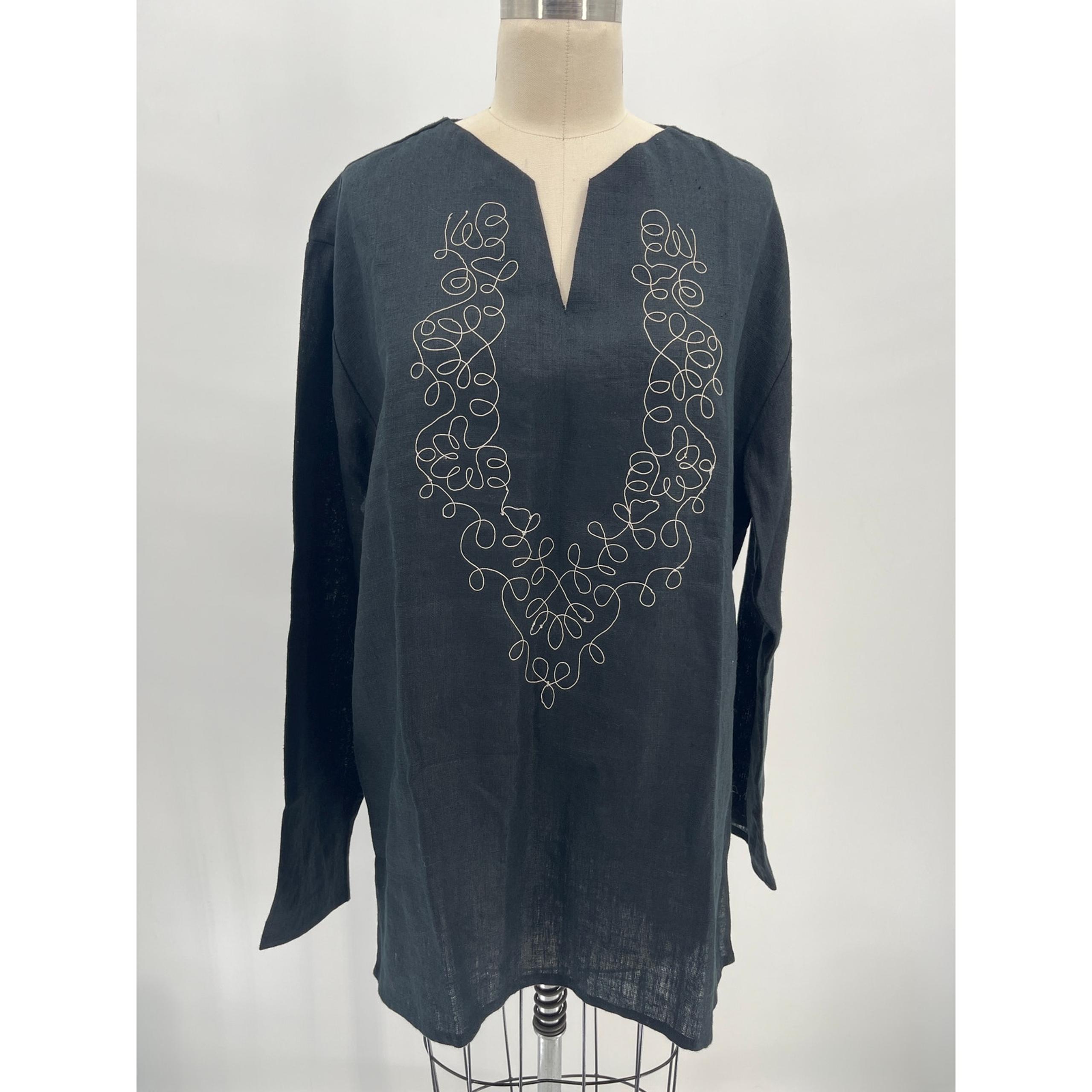Contours Tunic Top Sz L Black Embroidered Long Sleeve Boho Lagenlook Natural
