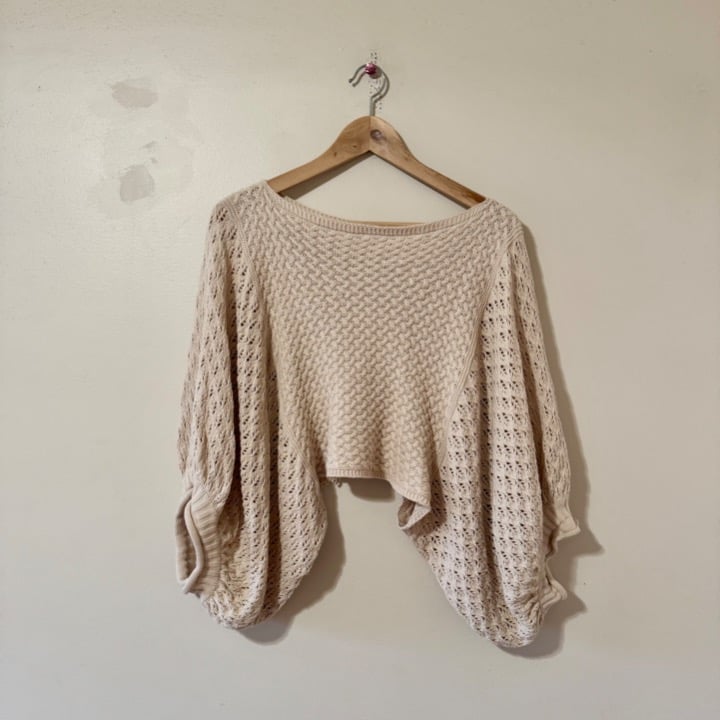 Topshop Beige Boho Crop Top Crochet Knit Sweater Top Flounced Wide Sleeves 4