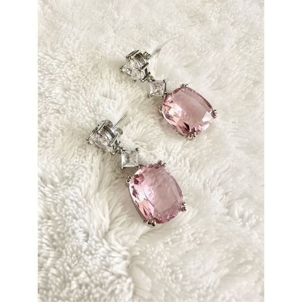 Light pink cubic zirconia heart dangle earrings