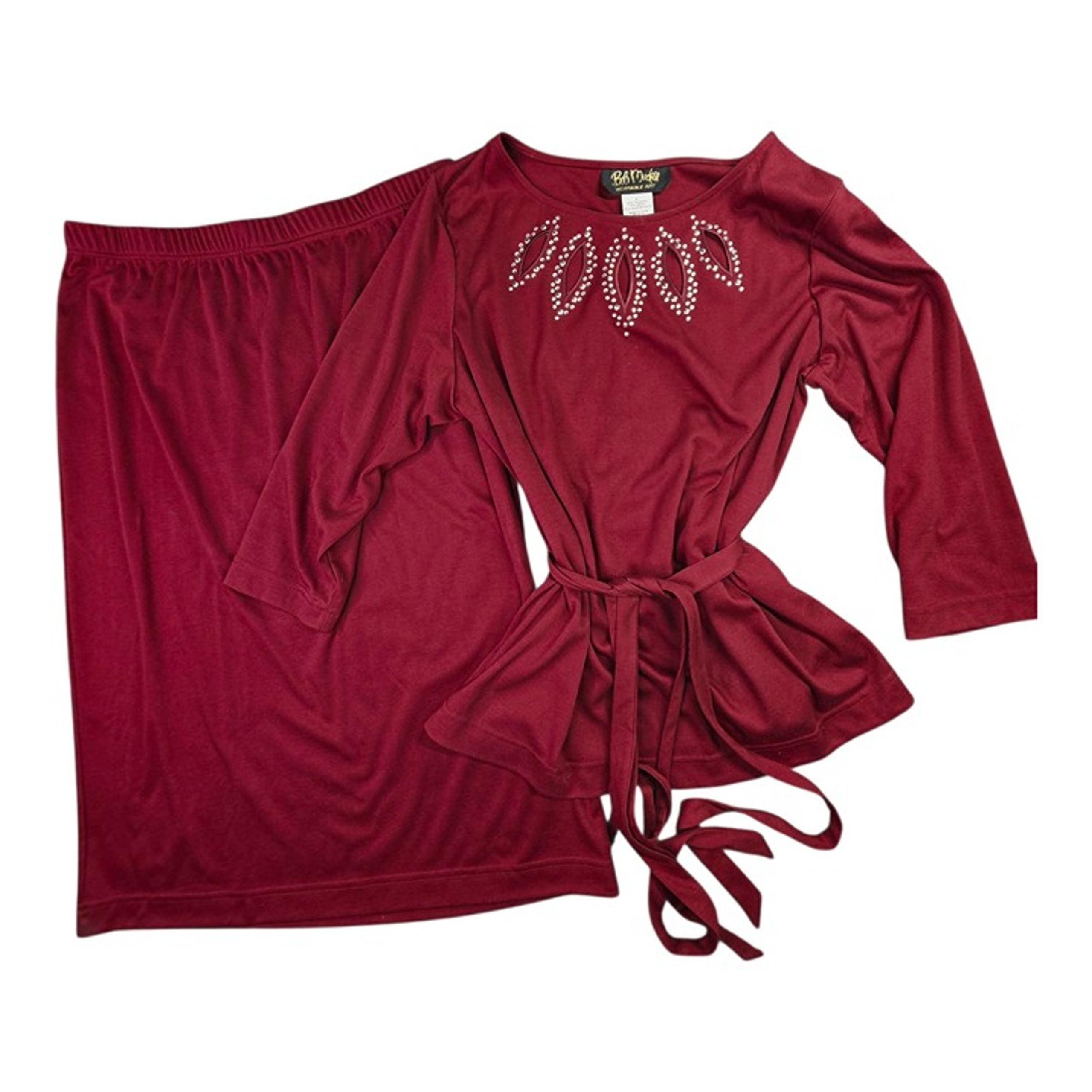Bob Mackie Wearable Art Top Skirt Set Womens Large Burgundy Red Studded Belted