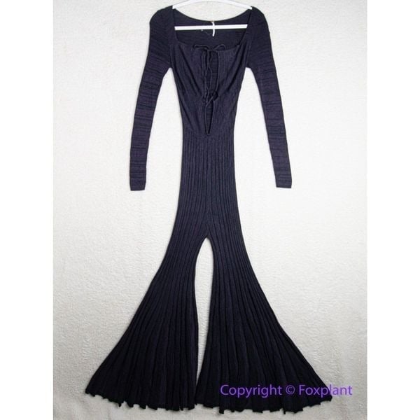 NEW Free People Lady Luck Jumpsuit knit wide leg pleated dark purple, M