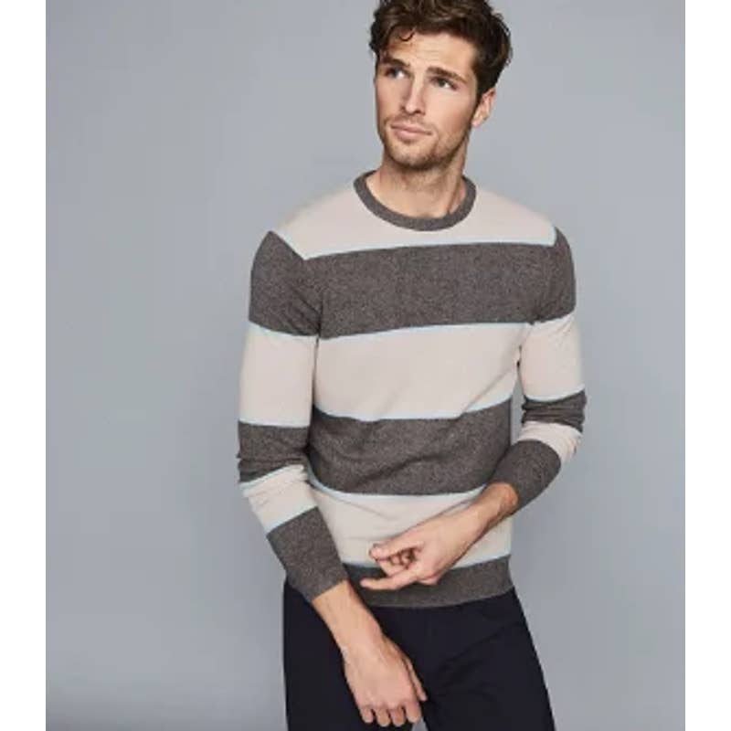 REISS Pete Striped Crew Neck Sweater Alpaca Wool Blend Long Sleeve Gray/White