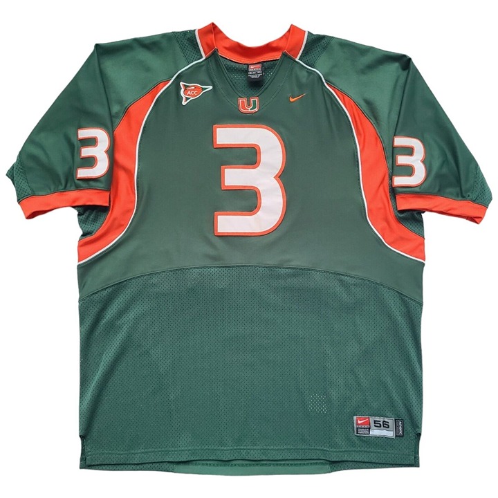 Vintage Nike Team Miami Hurricanes #3 ACC Football Jersey Green Mens Size 56 3XL