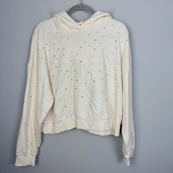ZARA | Cream Rhinestone Embellished Hooded Sweatshirt Women’s Size Large