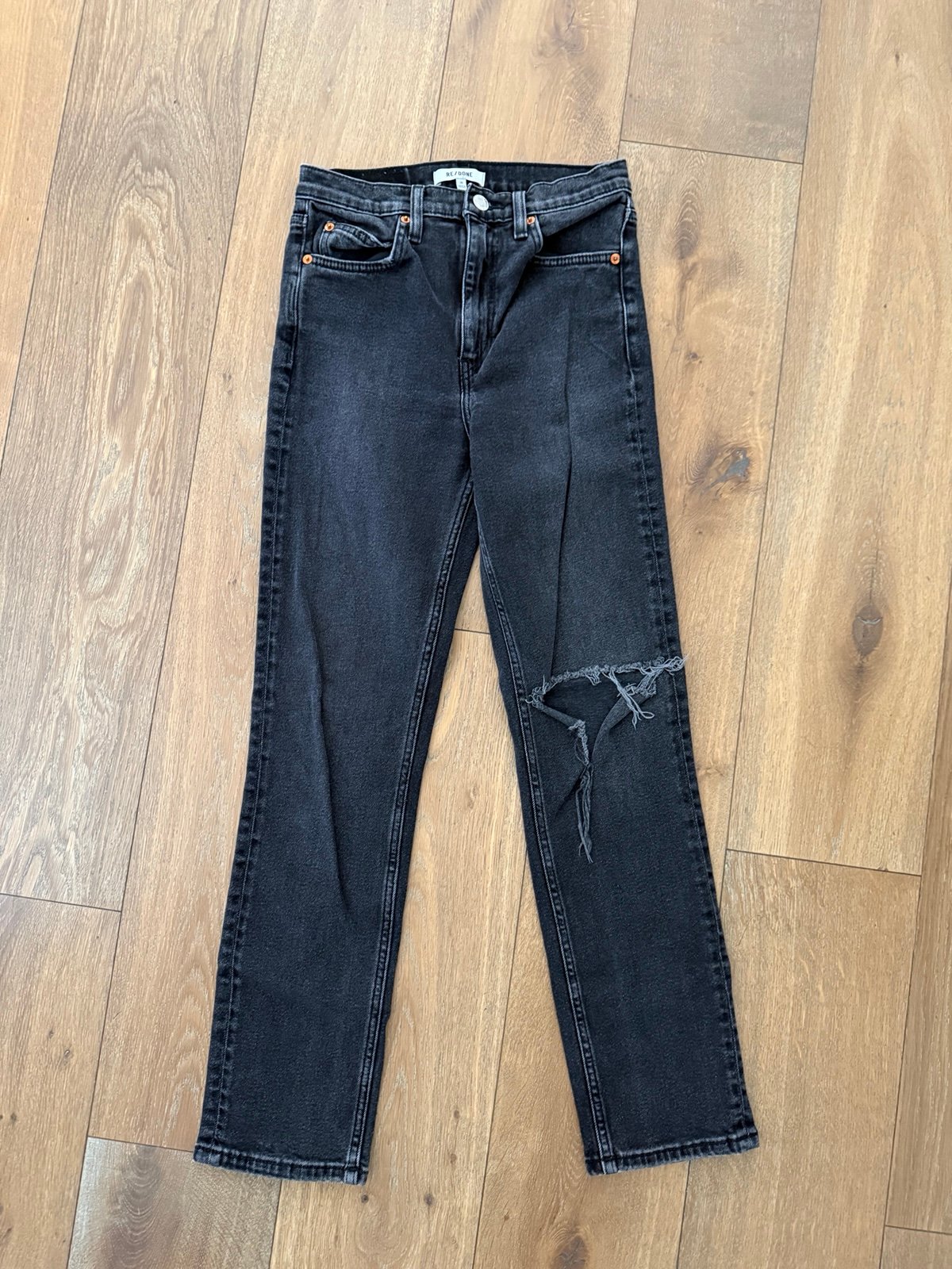 ReDone Originals 70's Stovepipe with Knee Rip distressed black jeans Size 26