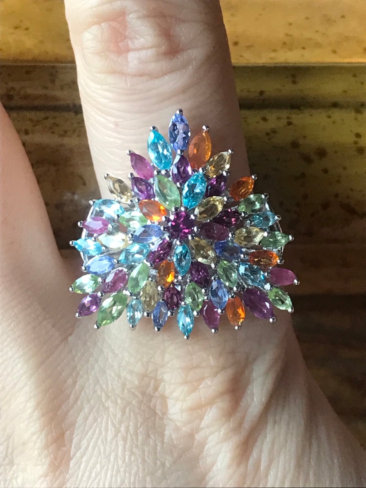 Multi Gemstone Sterling Silver Cluster Ring Size 10.25