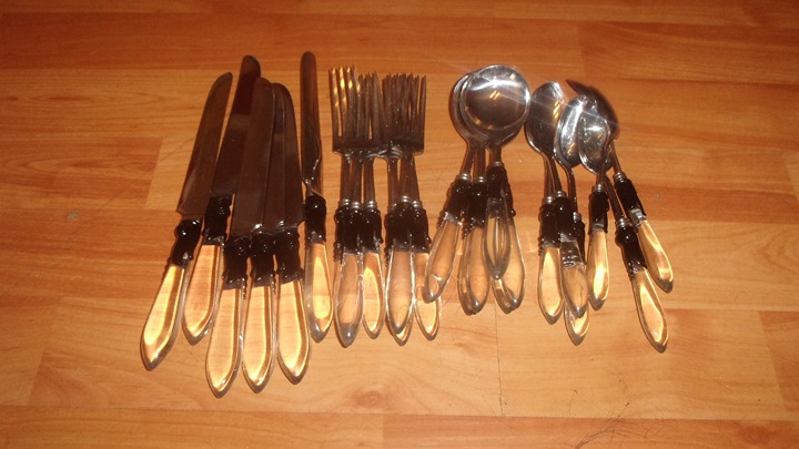 Lot Royal Elegance Perma Brite stainless flatware Lucite clear black scrolls