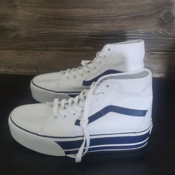 New Vans Sk8 Hi Tapered Stacked Sport Stripes White Blue Platform High Top Shoes