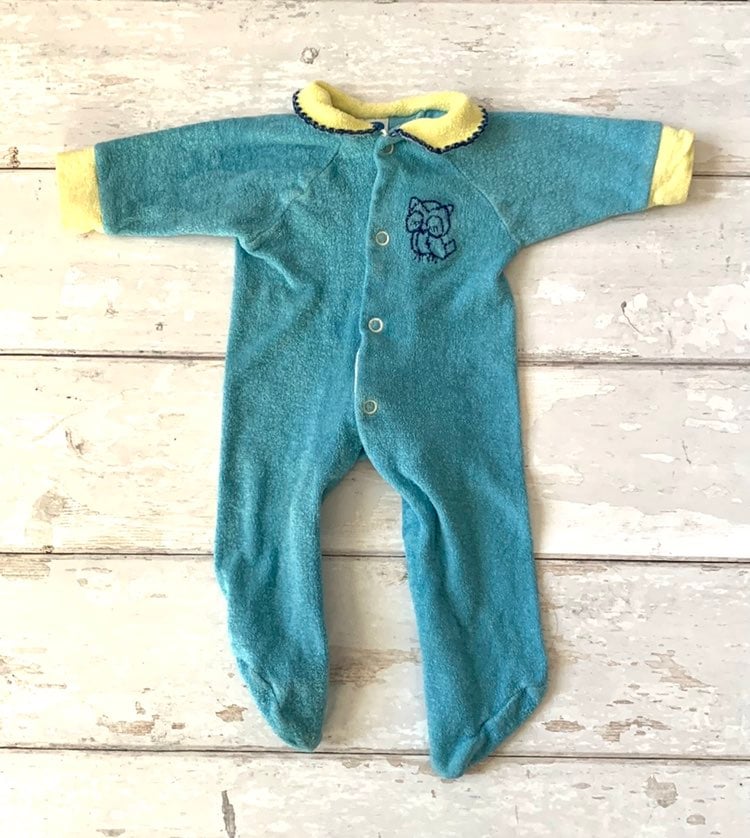 Vintage 1970s Newborn Terry Cloth Baby Sleeper Pajamas One Piece Blue Owl Print