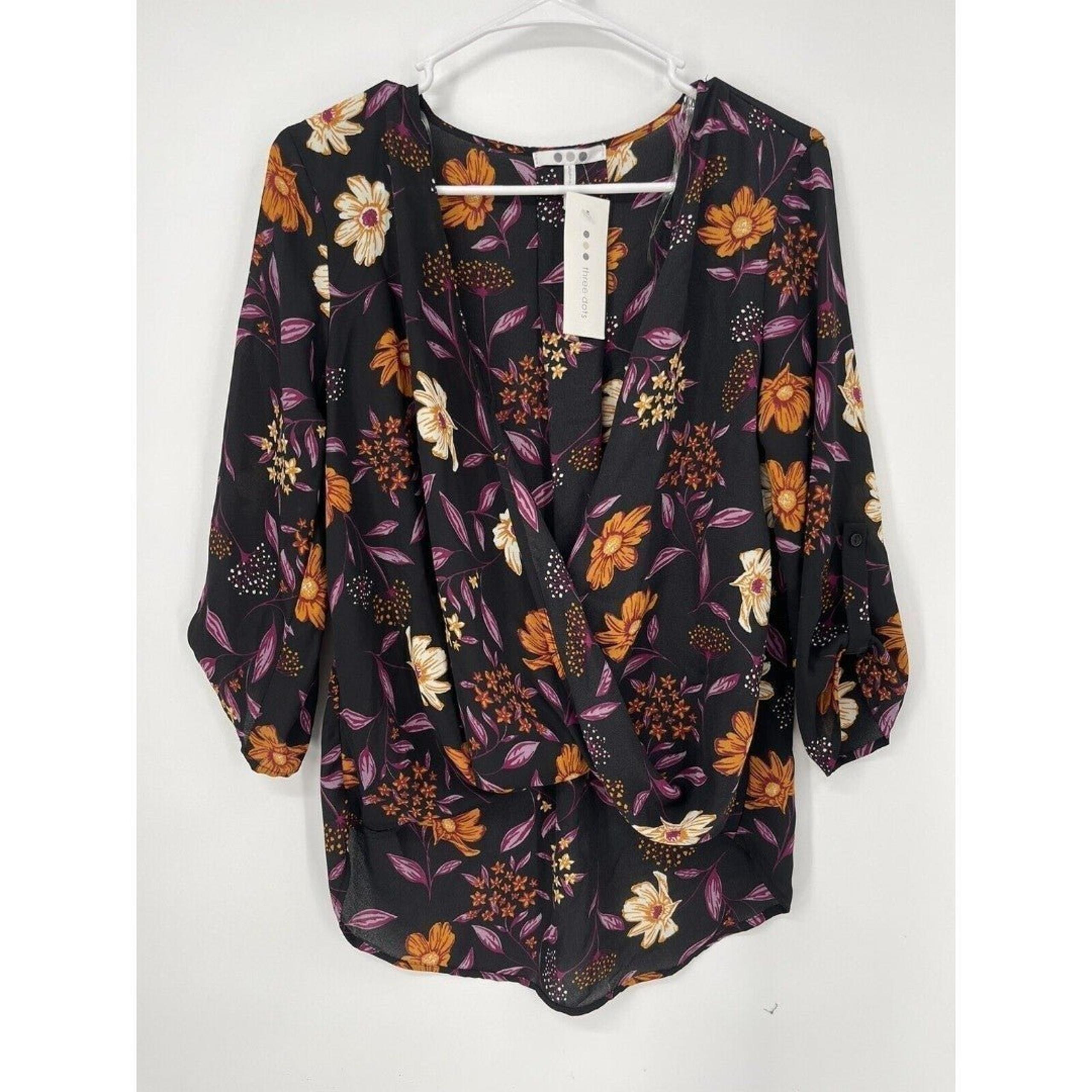 THREE DOTS   Women Serene Top In Black Floral Size Small