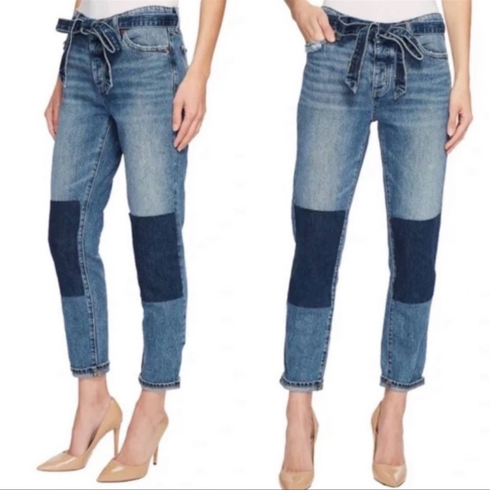 NWT Lucky Brand Sienna Slim Boyfriend Dark Knee Patch Belted Button Up Jeans
