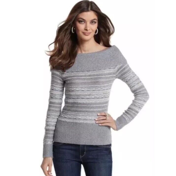 WHBM Gray Off Shoulder Knit Stripe With White Sequins Sweater Size M