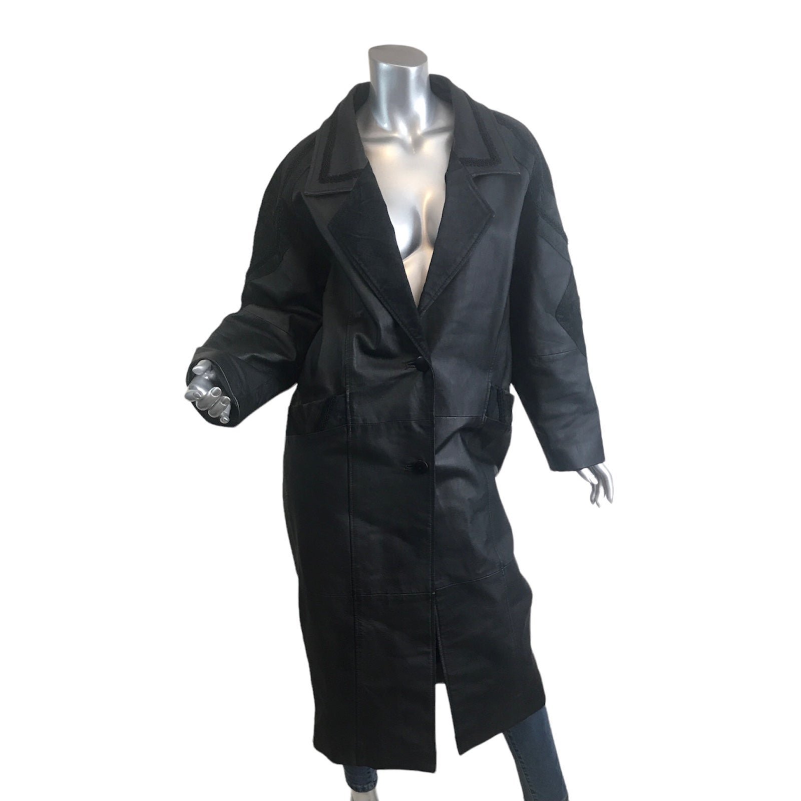 Vintage Women’s Pelle Black Trench Leather Long Coat Black Embossed Suede Trim.
