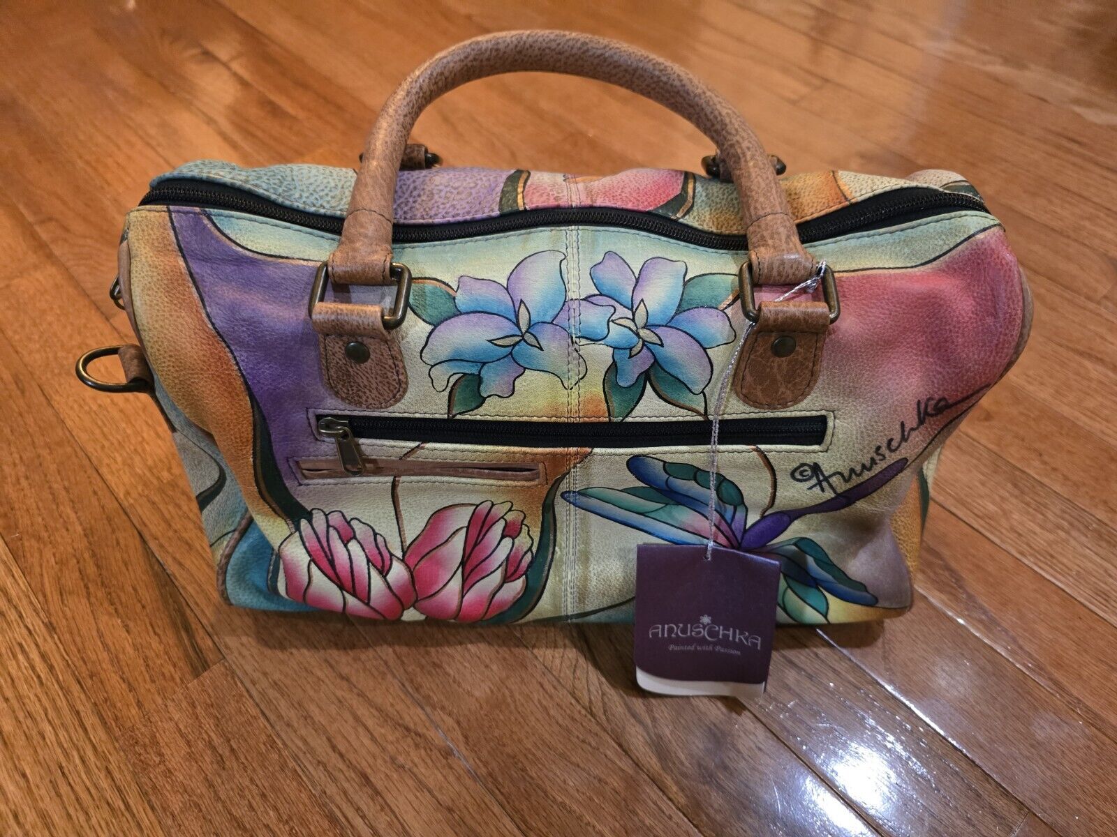 Anuschka Leather Hand Painted Artist Handbag & Coin Purse Floral Dragonfly NEW