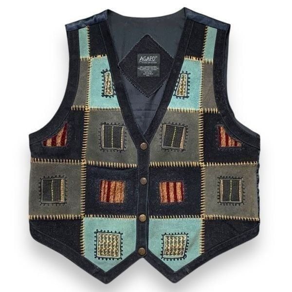 Vintage Agapo Vest Suede Leather Blue Black Abstract Art Patchwork Waistcoat